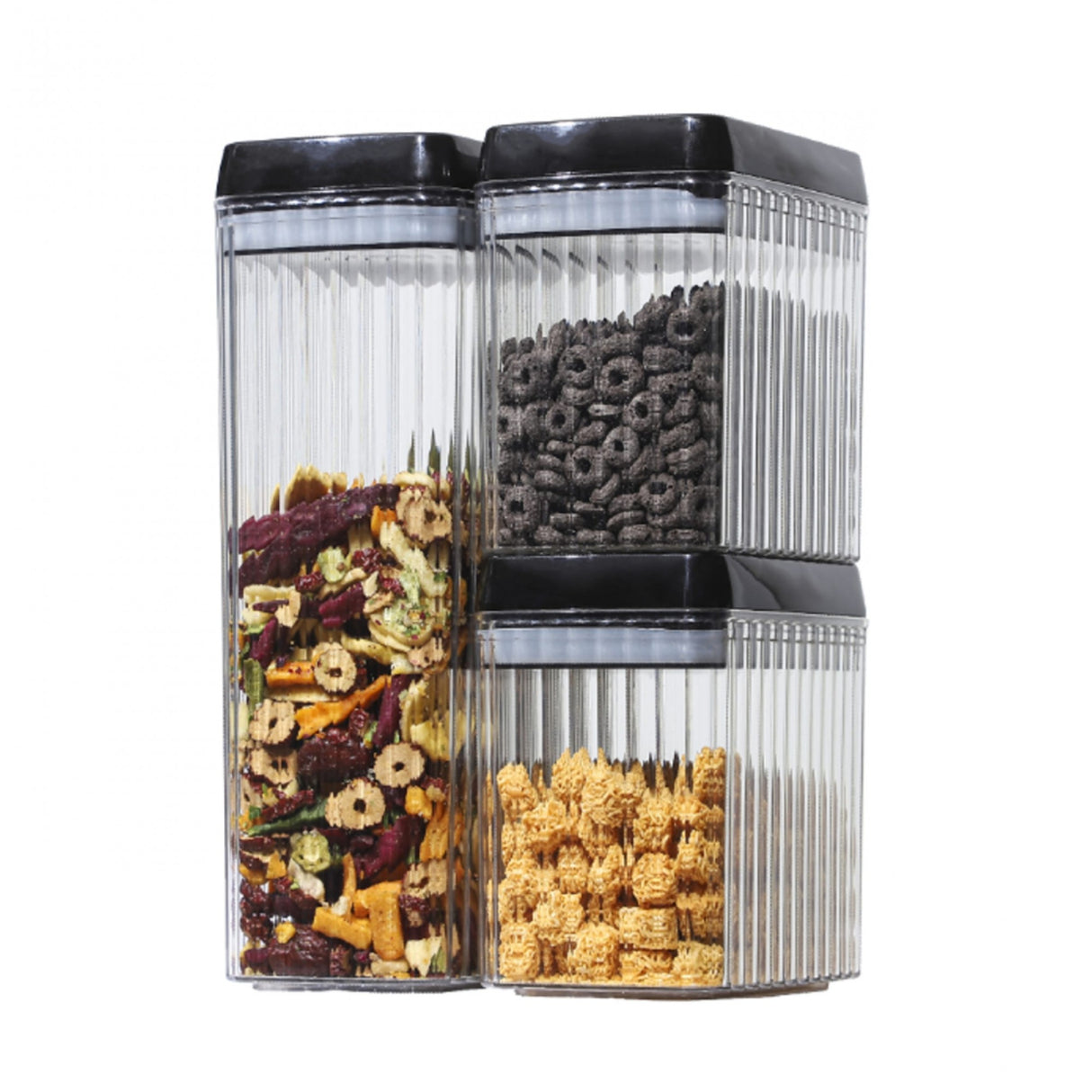 Set 3 Recipiente Din Plastic, Pentru Alimente/Obiecte, Inchidere Ermetica, Textura Ondulata, 2 X 1.5L, 1 X 3.3 L, Transparent - vivimall.ro