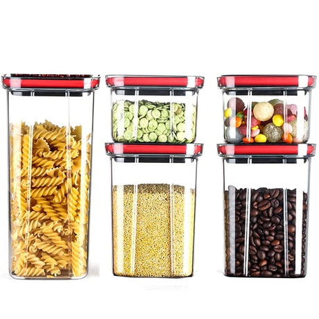Cutii De Depozitare Alimente, Set Din 5 Cuti De Tip Container, Recipiente Pentru Cereale In Bucatarie,A- Transparente Cu Capac Negru - vivimall.ro