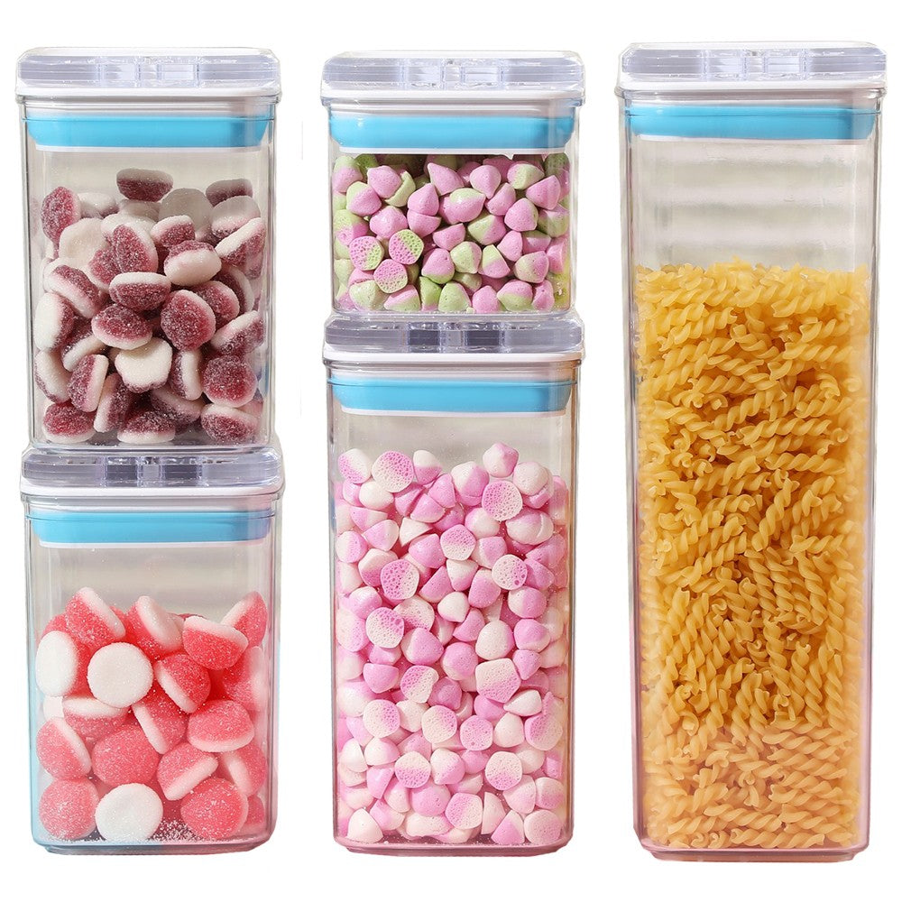 Cutii De Depozitare Alimente, Set Din 5 Cutii De Tip Container, 1X0.5 L, 2X0.8 L, 1X1.2 L, 1X1.9 L, Recipiente Pentru Cereale In Bucatarie, Transparente Cu Capac Albastru-Alb - vivimall.ro