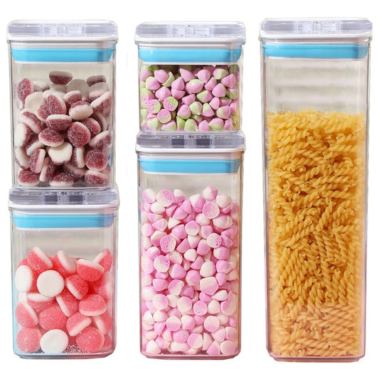 Cutii de Depozitare Alimente, Vivimall, Set din 5 Cutii de tip Container, 1x0.5 l, 2x0.8 l, 1x1.2 l, 1x1.9 l, Recipiente pentru Cereale in Bucatarie,  Transparente cu Capac Albastru-Alb - vivimall.ro