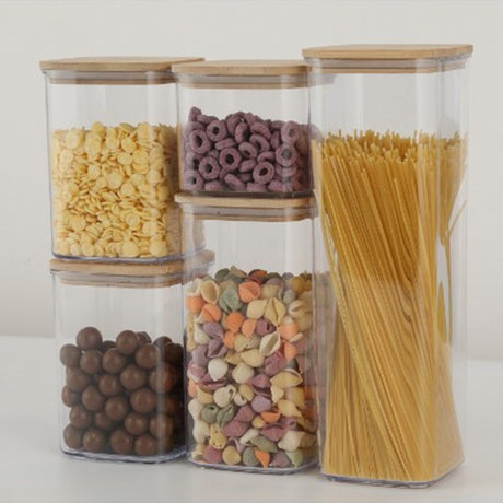 Cutii De Depozitare Alimente, Set Din 5 Cutii De Tip Container, Cutii Pentru Cereale, Din Plastic, Capac Din Bambuc, 1Pc 0.5 L. 2Pc 0.8 L, 2Pc 1.2 L, 1Pc 1.9 L, Transparente - vivimall.ro