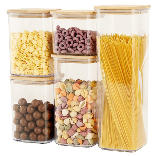 Cutii de Depozitare Alimente, Vivimall, Set din 5 Cutii de tip Container, Cutii pentru Cereale, din Plastic, Capac din Bambuc, 1pc 0.5 l. 2pc 0.8 l, 2pc 1.2 l, 1pc 1.9 l,  Transparente - vivimall.ro