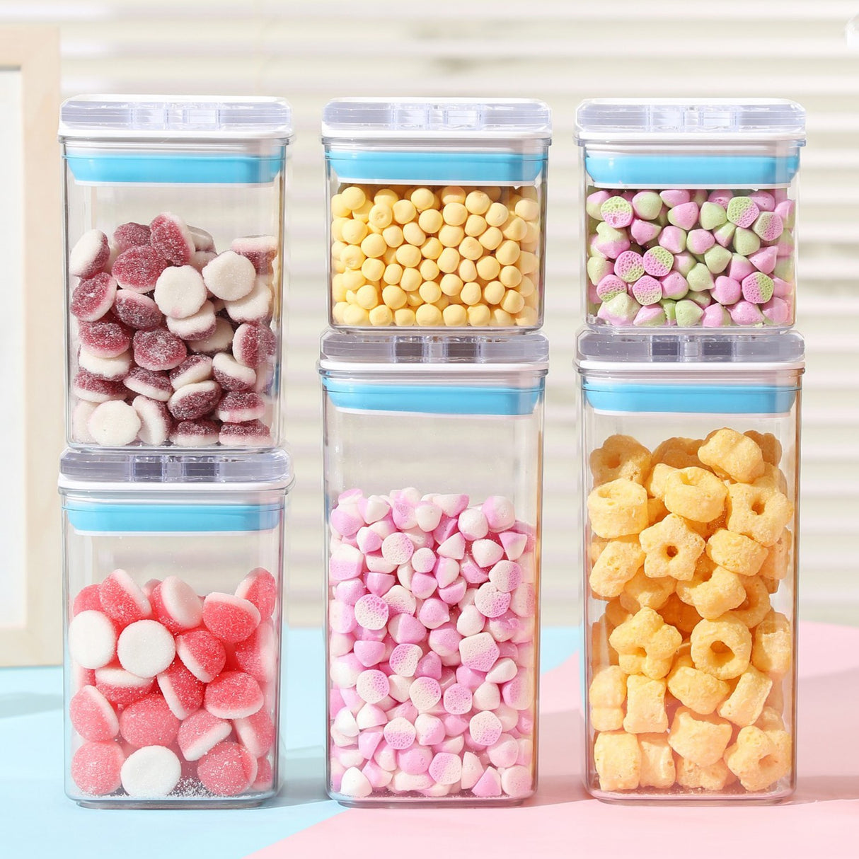 Cutii De Depozitare Alimente, Set Din 6 Cutii De Tip Container, 2X0.5 L, 2X0.8 L, 2X1.2 L, Recipiente Pentru Cereale In Bucatarie, Transparente Cu Capac Albastru-Alb - vivimall.ro