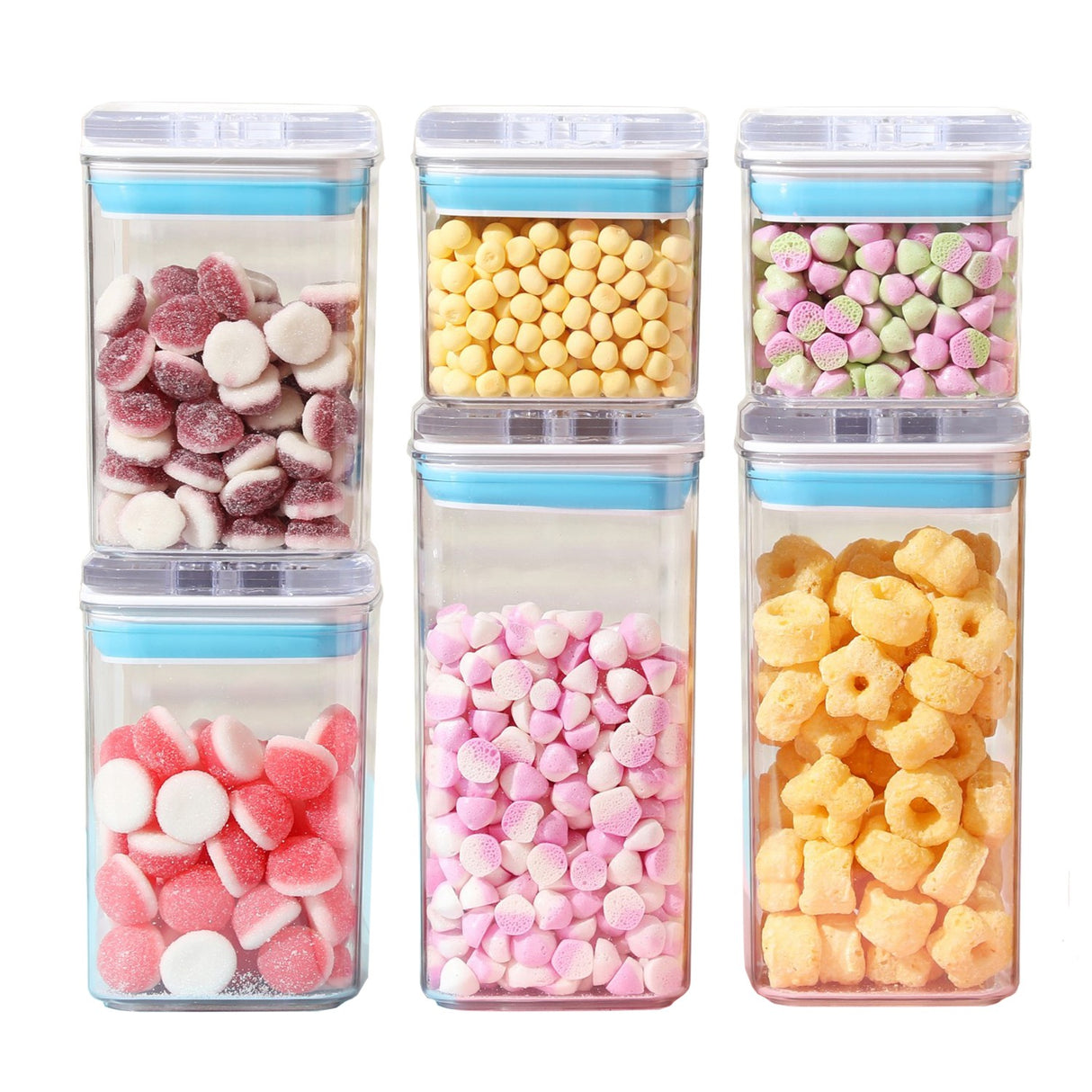Cutii De Depozitare Alimente, Set Din 6 Cutii De Tip Container, 2X0.5 L, 2X0.8 L, 2X1.2 L, Recipiente Pentru Cereale In Bucatarie, Transparente Cu Capac Albastru-Alb - vivimall.ro