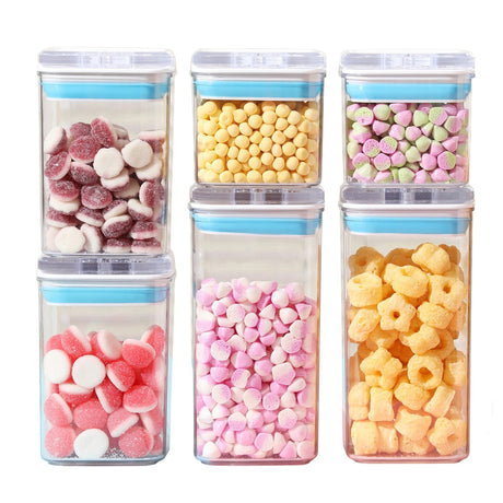 Cutii De Depozitare Alimente, Set Din 6 Cutii De Tip Container, 2X0.5 L, 2X0.8 L, 2X1.2 L, Recipiente Pentru Cereale In Bucatarie, Transparente Cu Capac Albastru-Alb - vivimall.ro