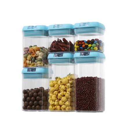 Set 6 Cutii De Depozitare Alimente, 2 X 500Ml, 2 X 800Ml, 2 X 1200Ml, Capac Albastru, Din Pp+Pet, Inchidere Ermetica, Transparent - vivimall.ro