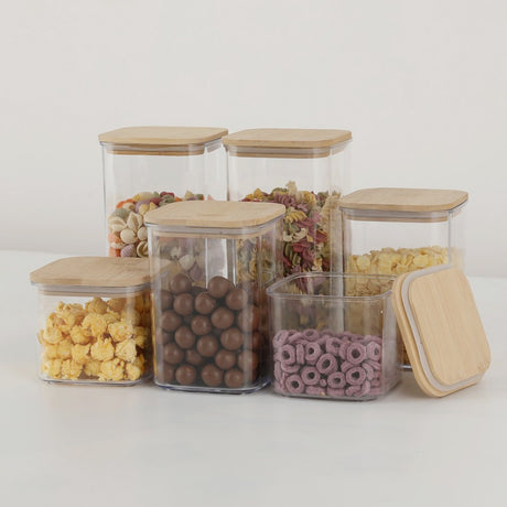 Cutii De Depozitare Alimente, Set Din 6 Cutii De Tip Container, Cutii Pentru Cereale, Din Plastic, Capac Din Bambuc, 2Pc 0.5 L. 2Pc 0.8 L, 2Pc 1.2 L, Transparente - vivimall.ro