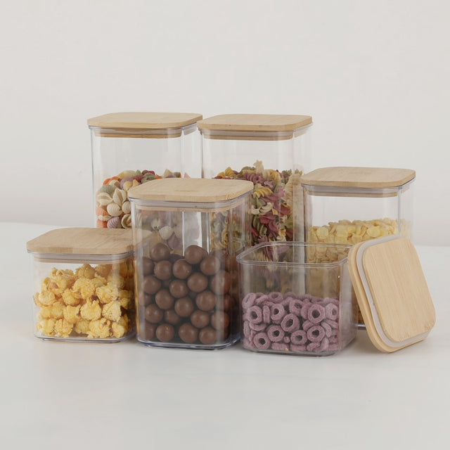 Cutii De Depozitare Alimente, Set Din 6 Cutii De Tip Container, Cutii Pentru Cereale, Din Plastic, Capac Din Bambuc, 2Pc 0.5 L. 2Pc 0.8 L, 2Pc 1.2 L, Transparente - vivimall.ro