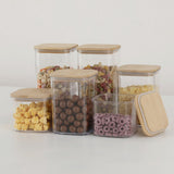 Cutii de Depozitare Alimente, Vivimall, Set din 6 Cutii de tip Container, Cutii pentru Cereale, din Plastic, Capac din Bambuc, 2pc 0.5 l. 2pc 0.8 l, 2pc 1.2 l, Transparente - vivimall.ro