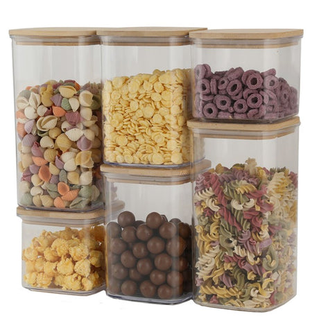 Cutii De Depozitare Alimente, Set Din 6 Cutii De Tip Container, Cutii Pentru Cereale, Din Plastic, Capac Din Bambuc, 2Pc 0.5 L. 2Pc 0.8 L, 2Pc 1.2 L, Transparente - vivimall.ro