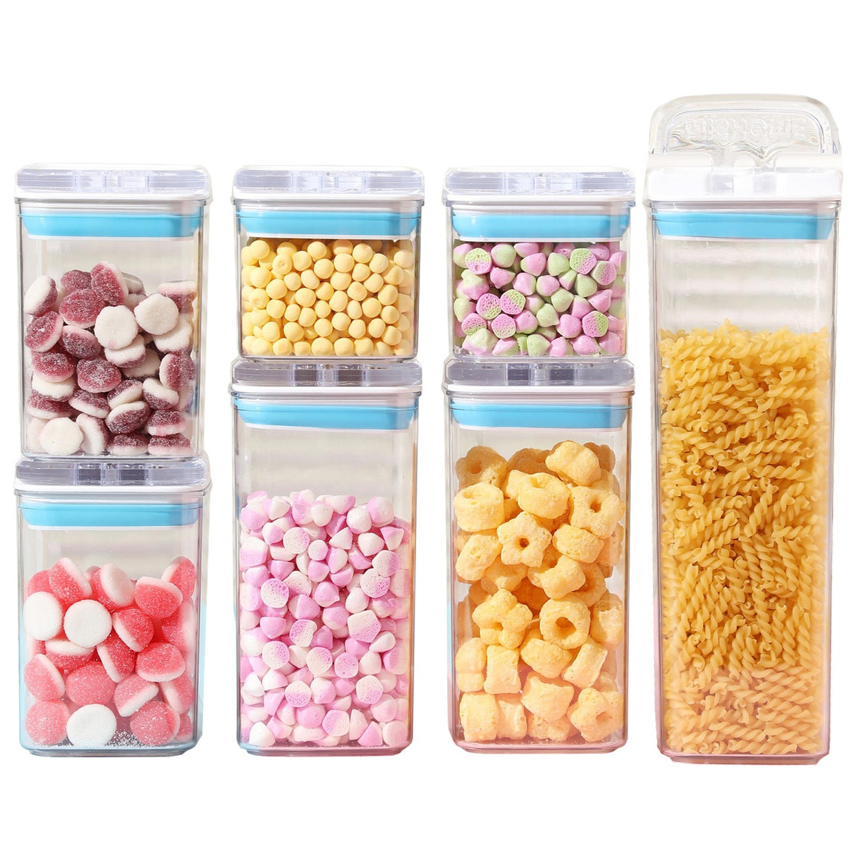 Cutii De Depozitare Alimente, Set Din 7 Cutii De Tip Container, 2X0.5 L, 2X0.8 L, 2X1.2 L, 1X1.9 L, Recipiente Pentru Cereale In Bucatarie, Transparente Cu Capac Albastru-Alb - vivimall.ro