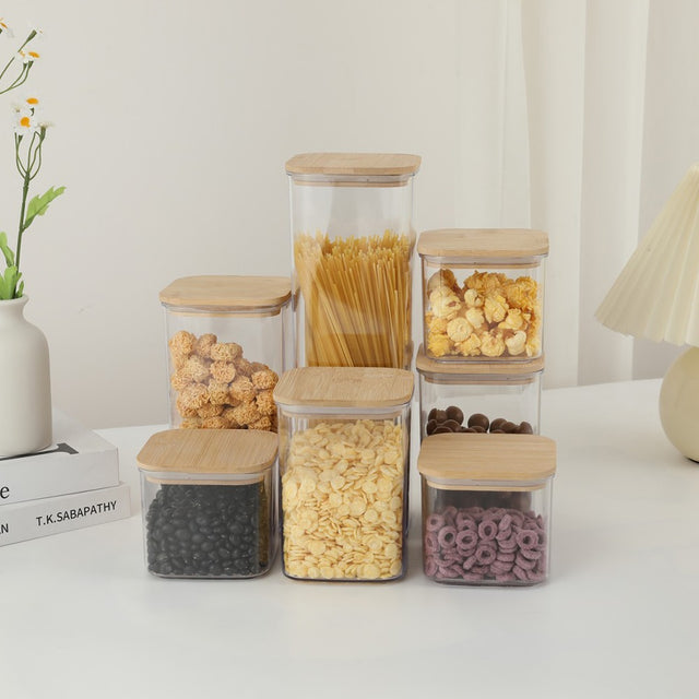 Cutii De Depozitare Alimente, Set Din 7 Cutii De Tip Container, Cutii Pentru Cereale, Din Plastic, Capac Din Bambuc, 2Pc 0.5 L, 2Pc 0.8 L, 2Pc 1.2 L, 1Pc 2.5 L, Transparente - vivimall.ro