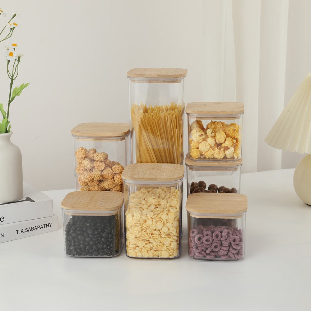 Cutii de Depozitare Alimente, Vivimall, Set din 7 Cutii de tip Container, Cutii pentru Cereale, din Plastic, Capac din Bambuc, 2pc 0.5 l, 2pc 0.8 l, 2pc 1.2 l, 1pc 2.5 l, Transparente - vivimall.ro