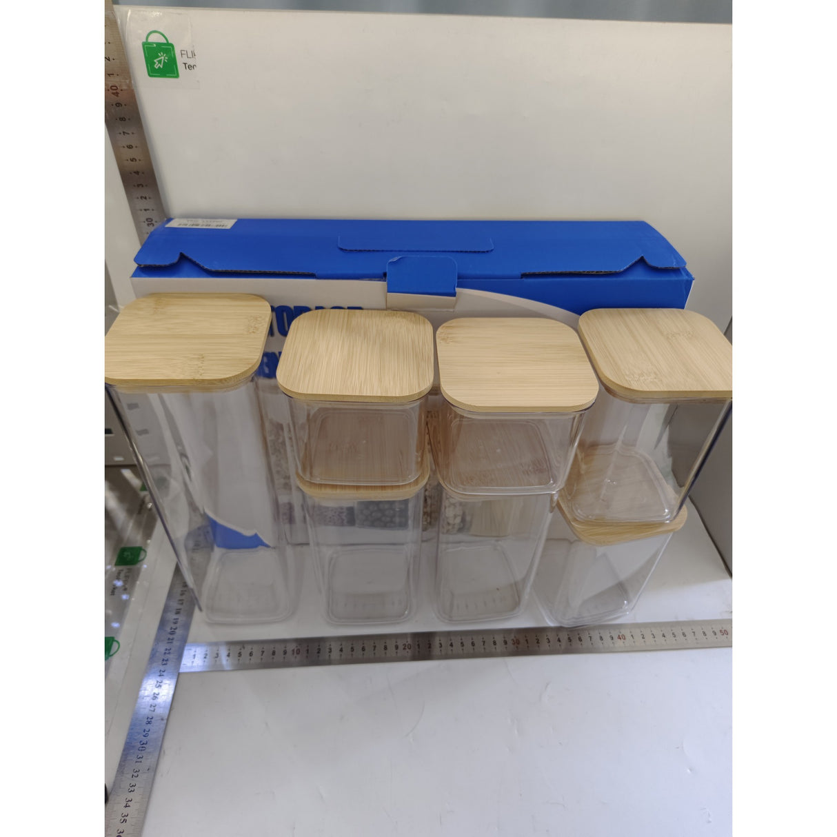 Cutii de Depozitare Alimente, Vivimall, Set din 7 Cutii de tip Container, Cutii pentru Cereale, din Plastic, Capac din Bambuc, 2pc 0.5 l, 2pc 0.8 l, 2pc 1.2 l, 1pc 2.5 l, Transparente - vivimall.ro