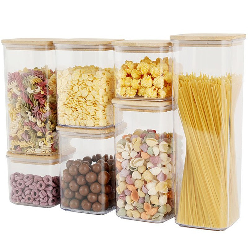 Cutii De Depozitare Alimente, Set Din 7 Cutii De Tip Container, Cutii Pentru Cereale, Din Plastic, Capac Din Bambuc, 2Pc 0.5 L, 2Pc 0.8 L, 2Pc 1.2 L, 1Pc 2.5 L, Transparente - vivimall.ro
