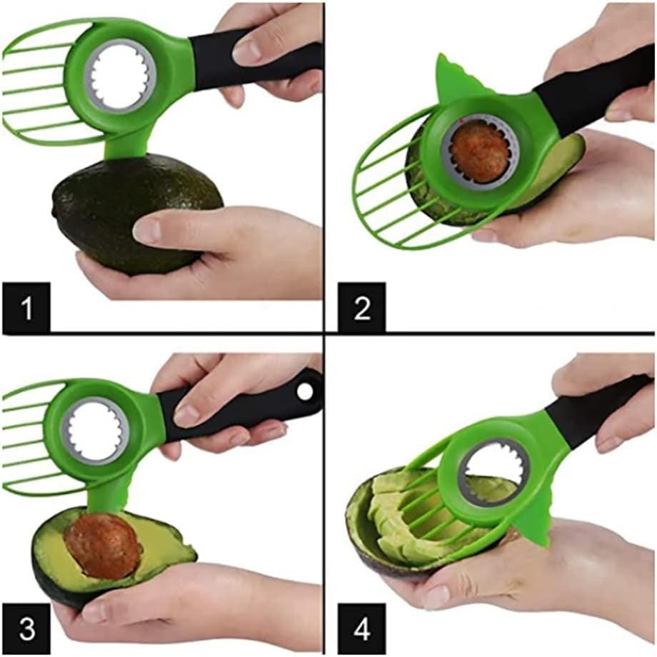 Cutit 3in1 pentru Avocado, Vivimall, Cutit, Scoatere Miez si Feliator Pulpa, din PP si Otel Inoxidabil, Negru/Verde - vivimall.ro