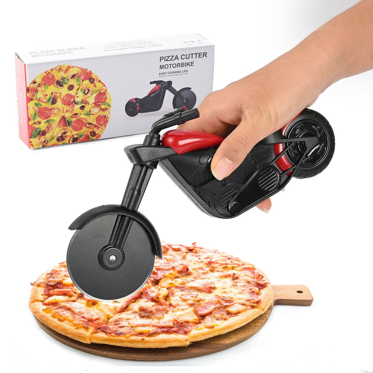 Cutit pizza creativ Vivimall, in forma de motocicleta, cu suport pentru cutit, 21.5 x 9.5 cm, otel/PP, negru - vivimall.ro