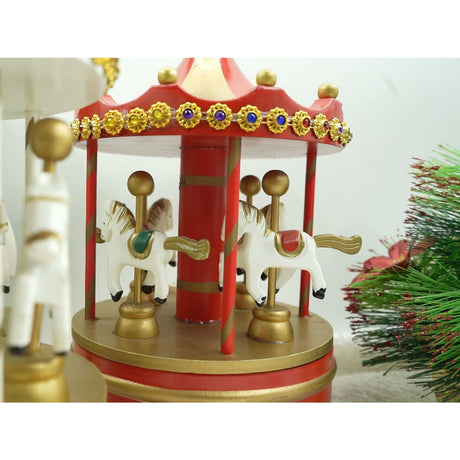 Cutiuta muzicala decorata de Craciun, Carusel rotativ, Rosu, din Lemn, Interior, Flippy - vivimall.ro