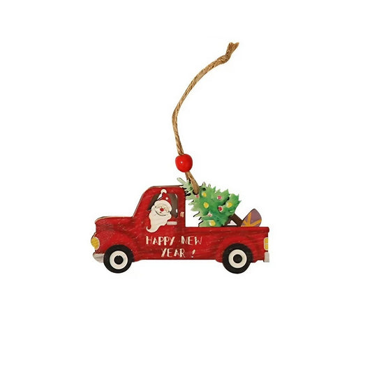 Decoratiune de Craciun din Lemn, Vivimall, cu Snur pentru Agatare in Brad, Model Masina lui Mos Craciun, Scris Happy New Year, 8x8x0.4 cm, Multicolor - vivimall.ro