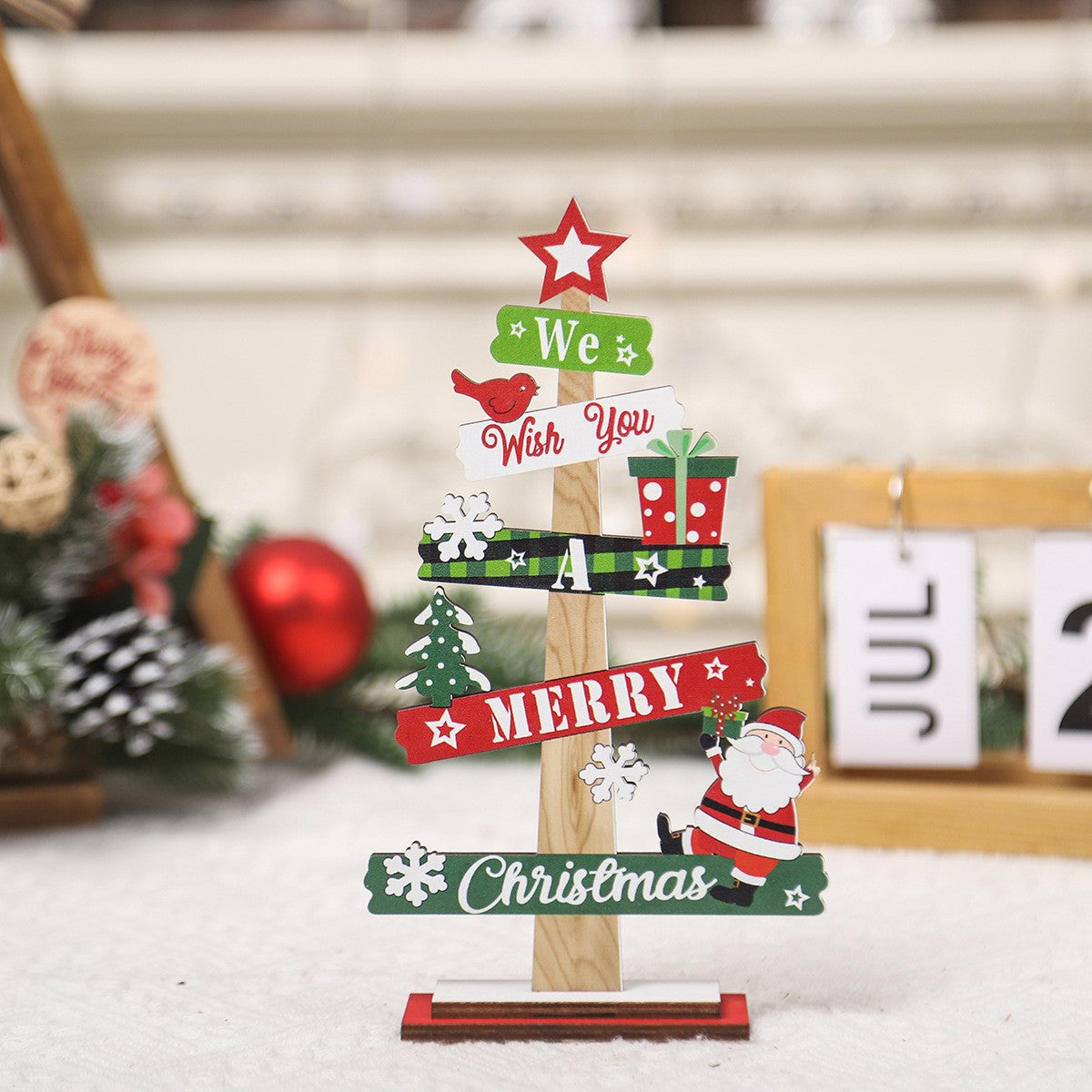 Decoratiune de Craciun din Lemn, Flippy, pentru Masa, Scris We Wish You A Merry Christmas, Model Bradut, 21.5x12.2x4 cm, Multicolor - vivimall.ro