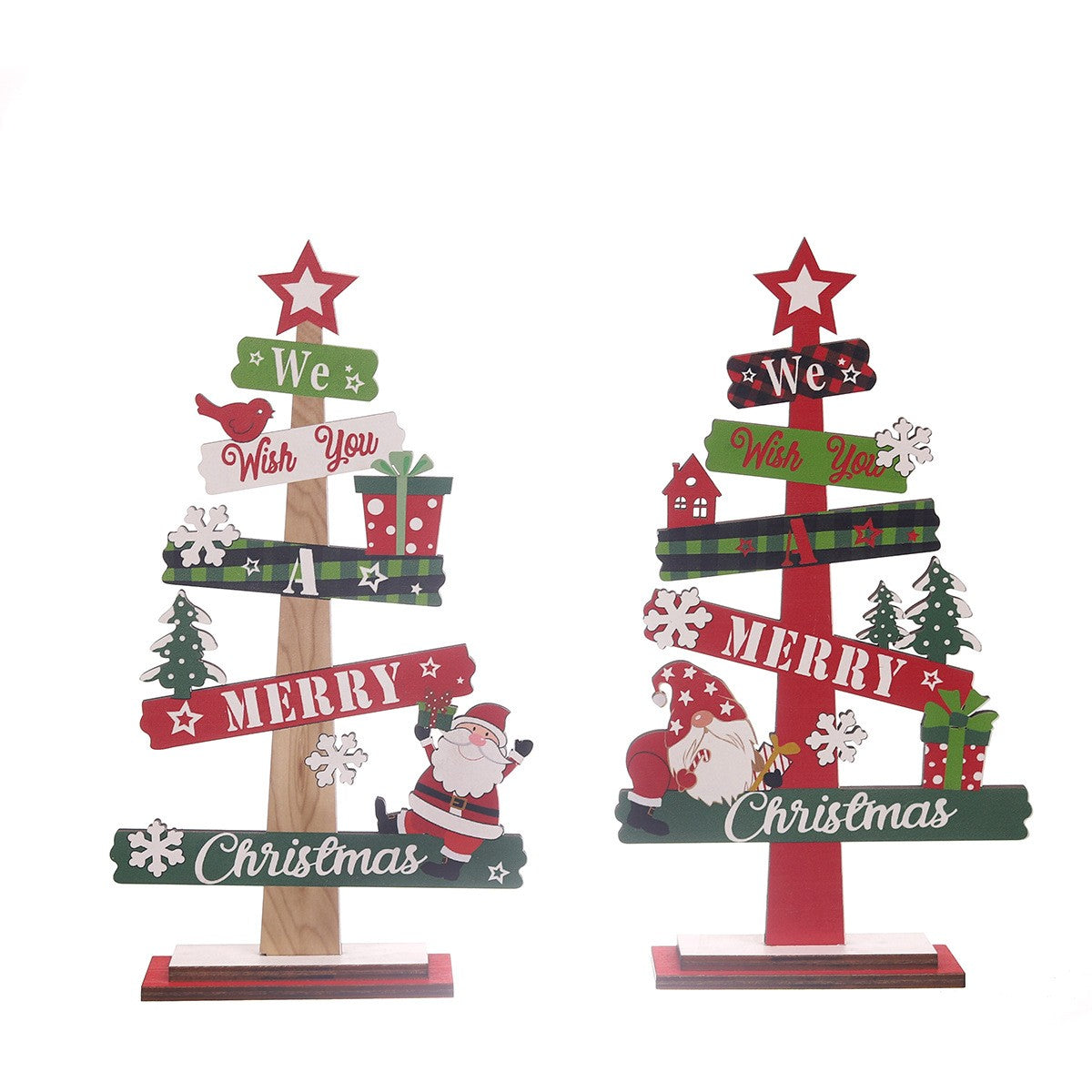 Decoratiune de Craciun din Lemn, Flippy, pentru Masa, Scris We Wish You A Merry Christmas, Model Bradut, 21.5x12.2x4 cm, Multicolor - vivimall.ro