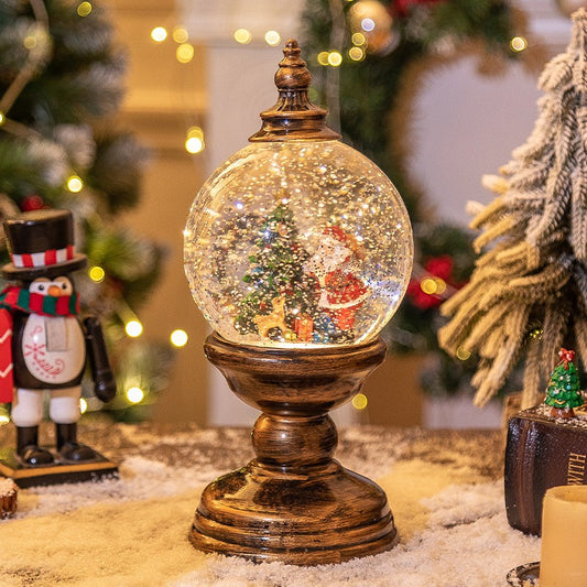 Decoratiune Craciun, Tip Felinar, Glob 12 cm, Figurine Mos Craciun si Brad, 3 Moduri, Functie Muzicala, Zapada in Miscare, Functioneaza Cu Baterii ( 3 x AA neincluse), Cablu USB (Inclus), Model Vintage Negru - Auriu, 12 x 12 x 26.5 cm, Alb Cald