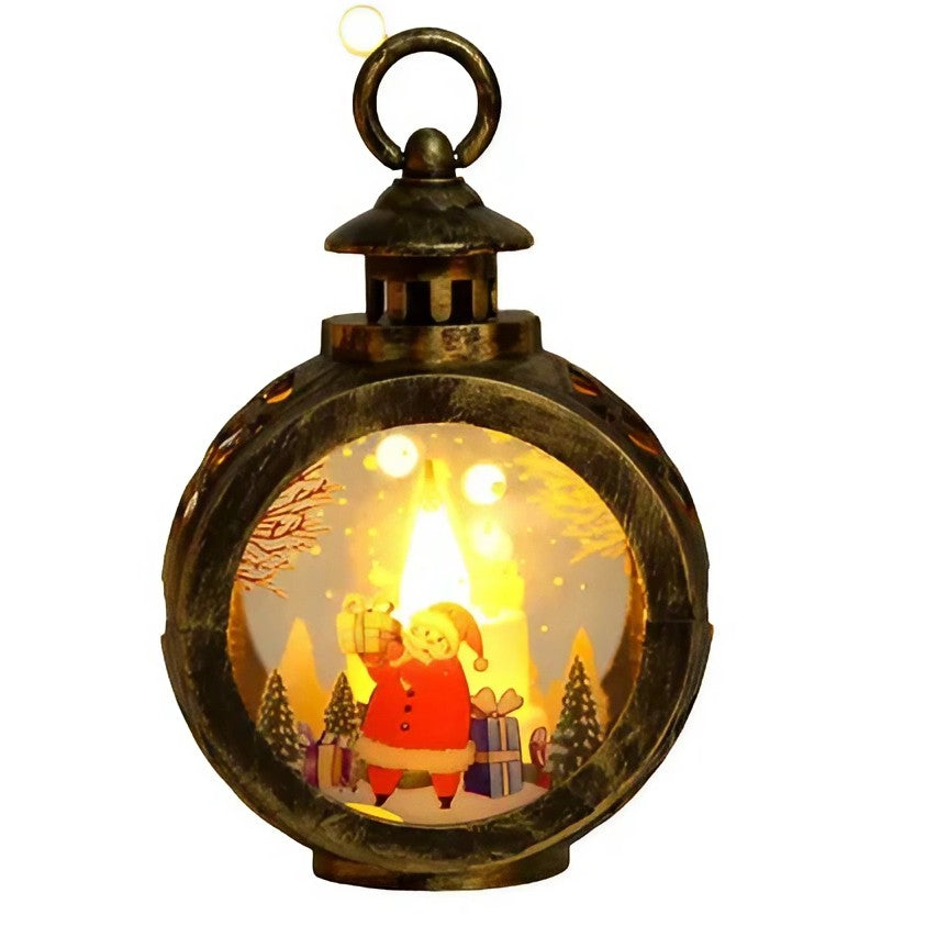Lumânare LED tip felinar negru vintage cu inscripție Moș Crăciun, 13,5x9 cm, vedere frontală