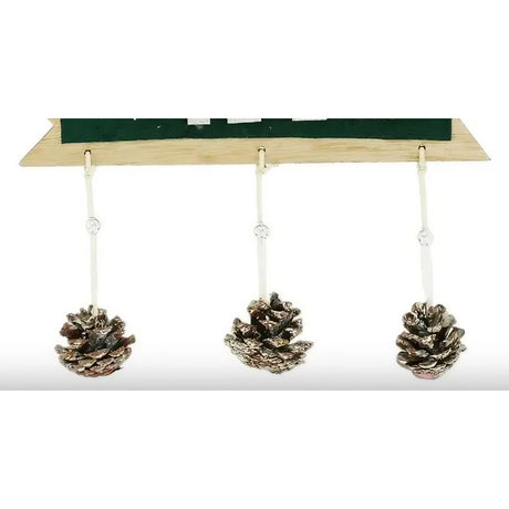 Decoratiune Craciun din Lemn, Flippy, Model Scris Xmas, Conuri Atarnate, cu Inimioara 25x9 cm, pentru Brad sau Usa, Verde/Argintiu