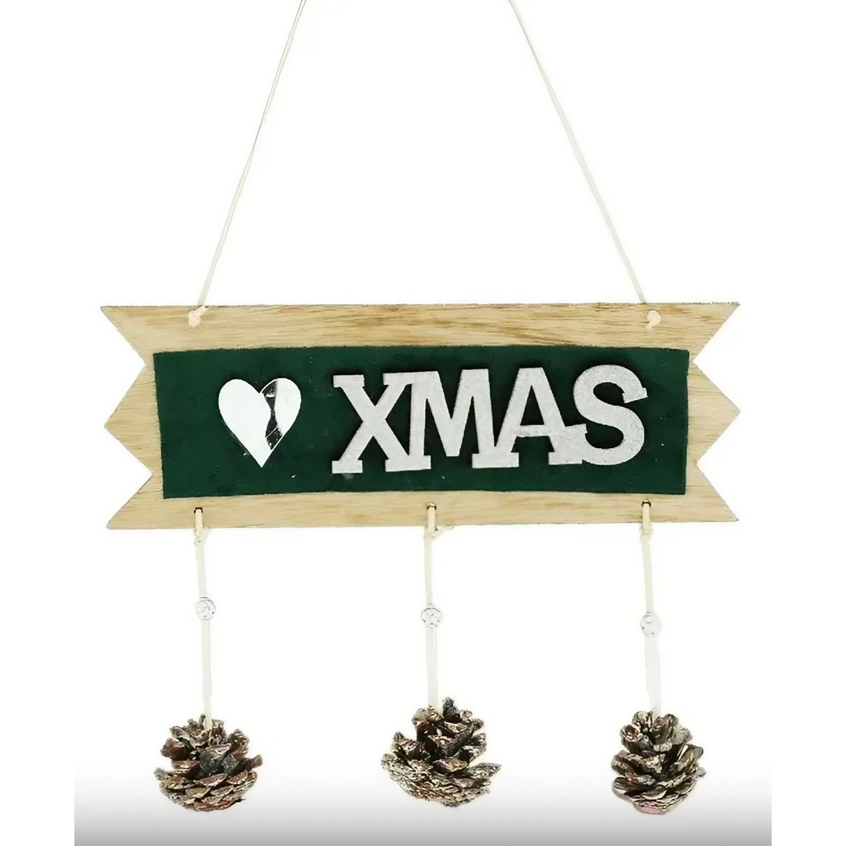 Decoratiune Craciun din Lemn, Flippy, Model Scris Xmas, Conuri Atarnate, cu Inimioara 25x9 cm, pentru Brad sau Usa, Verde/Argintiu