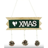 Decoratiune Craciun din Lemn, Flippy, Model Scris Xmas, Conuri Atarnate, cu Inimioara 25x9 cm, pentru Brad sau Usa, Verde/Argintiu