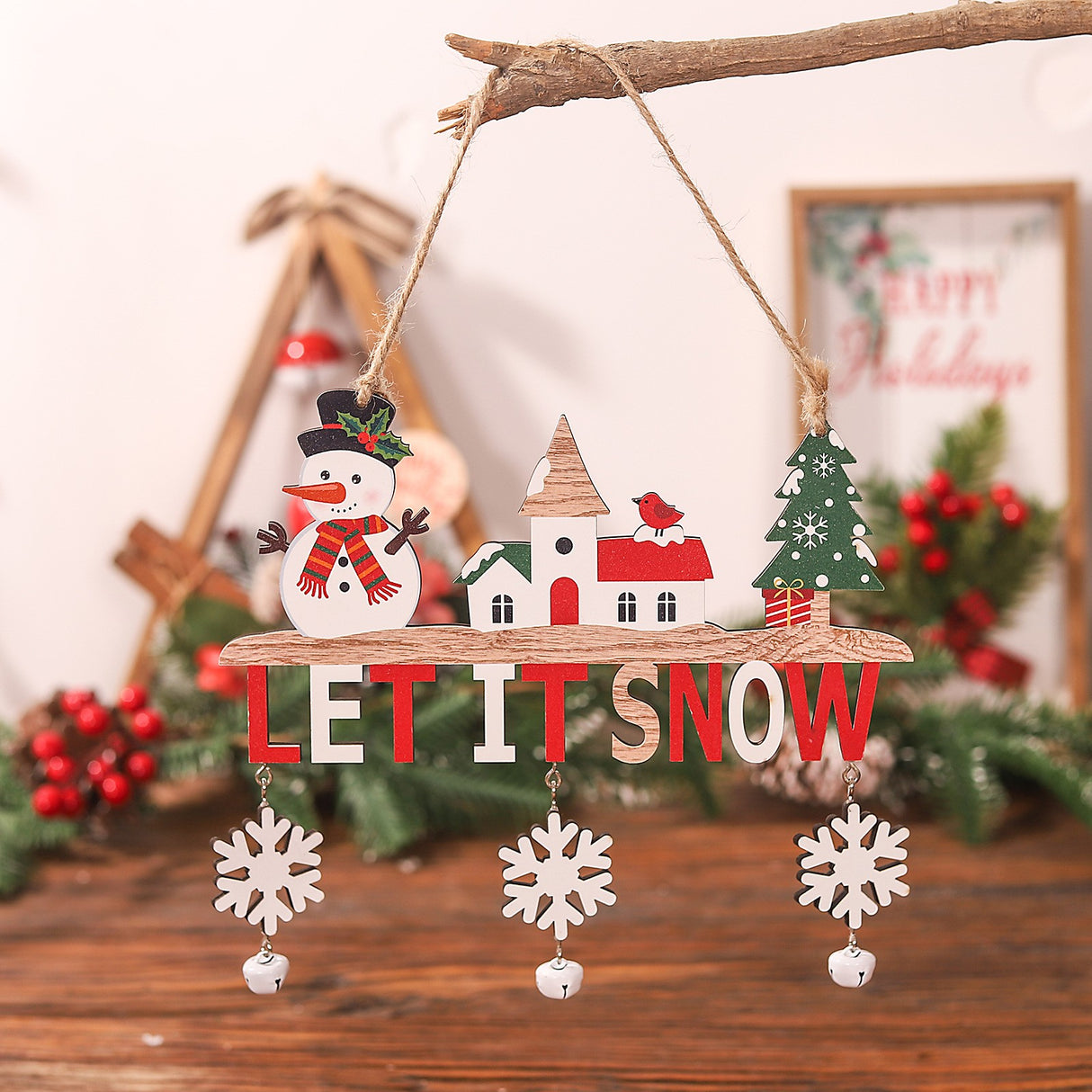 Decoratiune De Craciun Din Lemn, Cu Snur Pentru Agatare In Brad, Scris Let It Snow - vivimall.ro