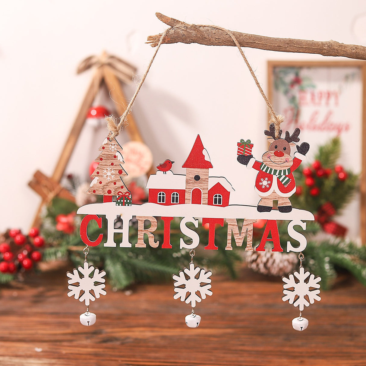 Decoratiune De Craciun Din Lemn, Cu Snur Pentru Agatare In Brad, Scris Let It Snow - vivimall.ro