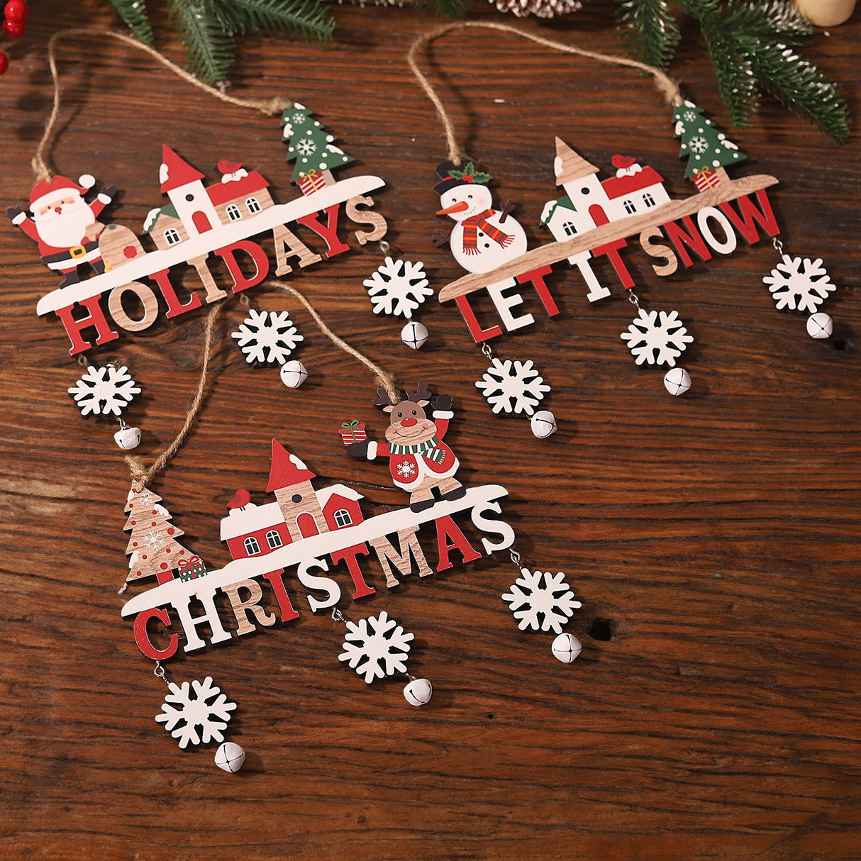 Decoratiune De Craciun Din Lemn, Cu Snur Pentru Agatare In Brad, Scris Let It Snow - vivimall.ro