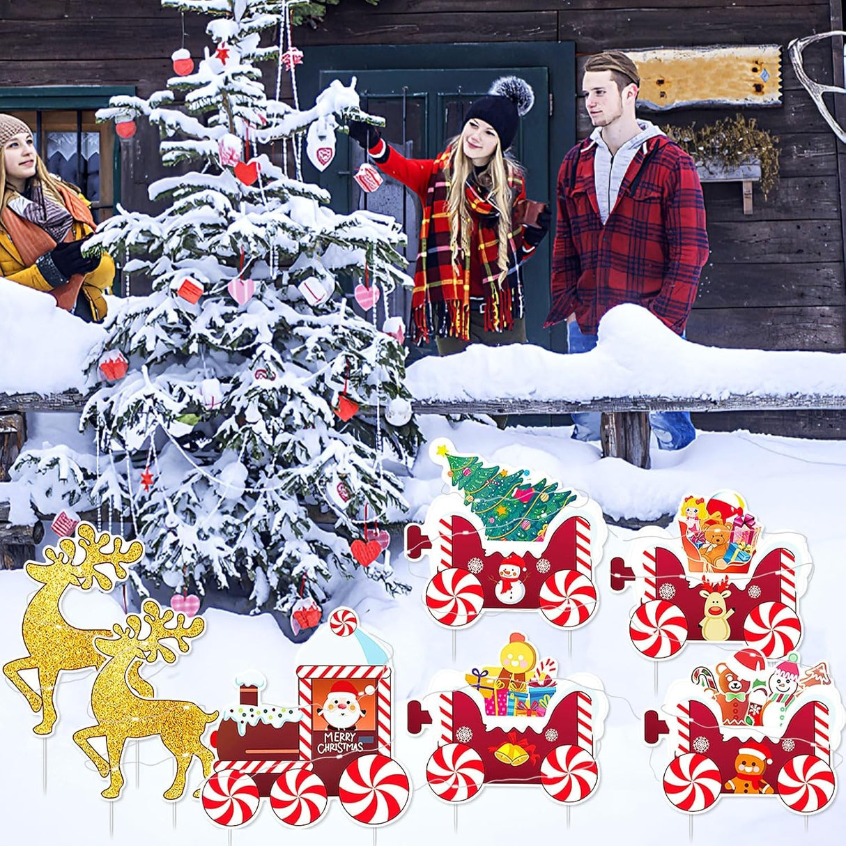 Decoratiune de Craciun, Flippy, pentru Gradina, Tip Trenulet, 7 Figurine + Bete de Infipt in Pamant, din Plastic, Impermeabil, Model Renii Joy si Noel, Multicolor