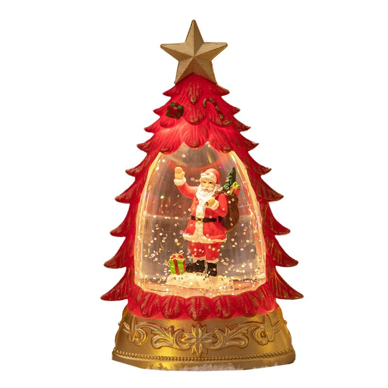 Decoratiune De Craciun Tip Brad, Glob De Cristal Cu Fulgi De Zapada, Iluminare Led, Carcasa Vintage Rosu