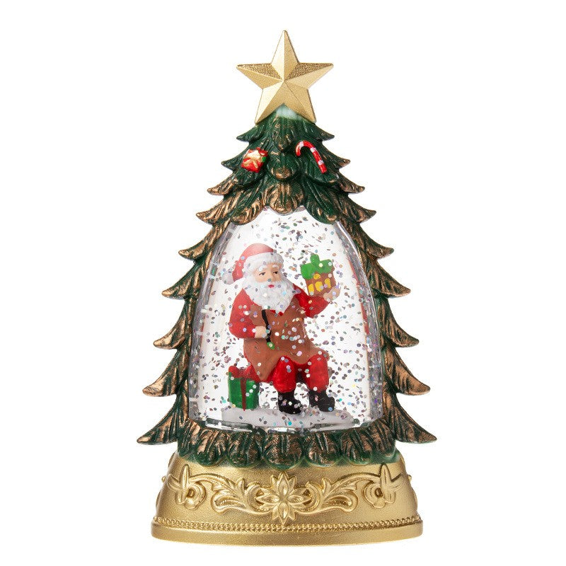 Decoratiune De Craciun Tip Brad, Glob De Cristal Cu Fulgi De Zapada, Iluminare Led, Carcasa Vintage Verde
