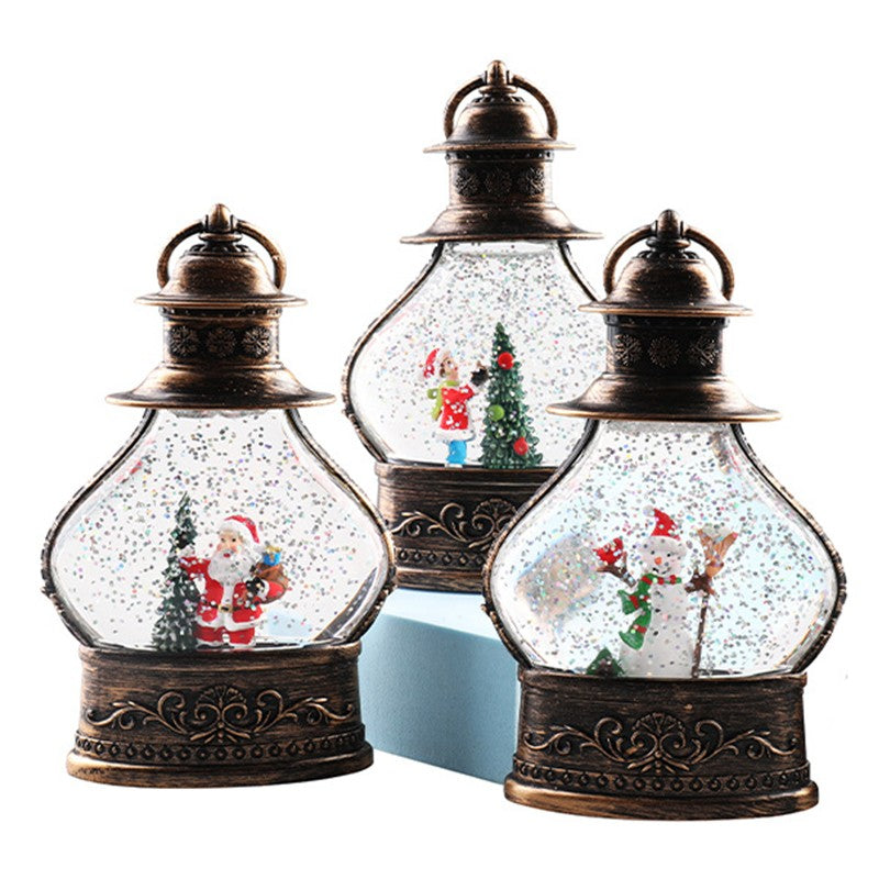 Decoratiune De Craciun Tip Felinar, Glob De Cristal Cu Fulgi De Zapada, Ornamentat Cu Luminite Interioare, Rama Neagra - vivimall.ro