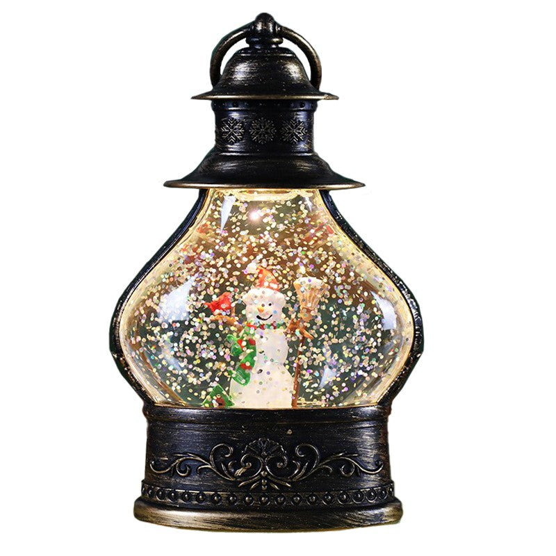 Decoratiune De Craciun Tip Felinar, Glob De Cristal Cu Fulgi De Zapada, Ornamentat Cu Luminite Interioare, Rama Neagra - vivimall.ro