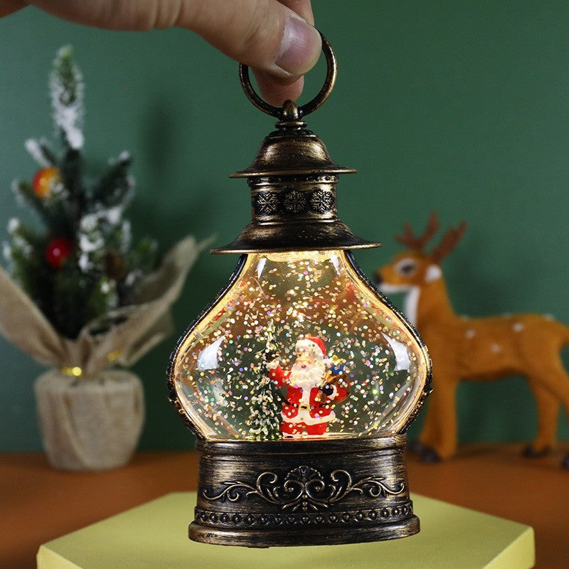 Decoratiune De Craciun Tip Felinar, Glob De Cristal Cu Fulgi De Zapada, Ornamentat Cu Luminite Interioare, Rama Neagra - vivimall.ro