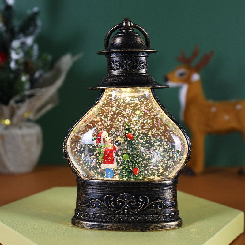 Decoratiune De Craciun Tip Felinar, Glob De Cristal Cu Fulgi De Zapada, Ornamentat Cu Luminite Interioare, Rama Neagra - vivimall.ro