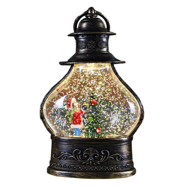 Decoratiune De Craciun Tip Felinar, Glob De Cristal Cu Fulgi De Zapada, Ornamentat Cu Luminite Interioare, Rama Neagra - vivimall.ro