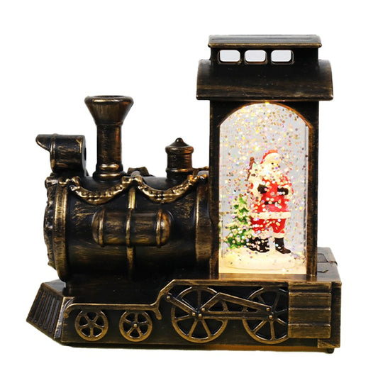 Decoratiune de Craciun tip Locomotiva, Vivimall, Glob de Cristal cu Fulgi de Zapada, Model Mos Craciun, Iluminare LED, 11.5 x 12.5 x 6 cm, Carcasa Vintage Bronze, Transparent - vivimall.ro
