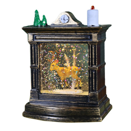 Decoratiune De Craciun Tip Semineu / Ceas, Glob De Cristal Cu Fulgi De Zapada, Iluminare Led, Carcasa Vintage Bronze - vivimall.ro