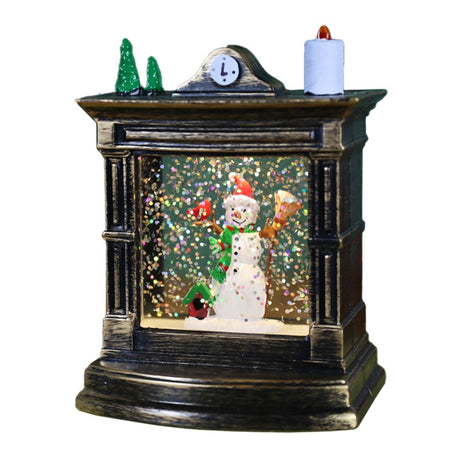 Decoratiune De Craciun Tip Semineu / Ceas, Glob De Cristal Cu Fulgi De Zapada, Iluminare Led, Carcasa Vintage Bronze - vivimall.ro