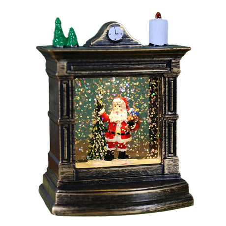 Decoratiune De Craciun Tip Semineu / Ceas, Glob De Cristal Cu Fulgi De Zapada, Iluminare Led, Carcasa Vintage Bronze - vivimall.ro