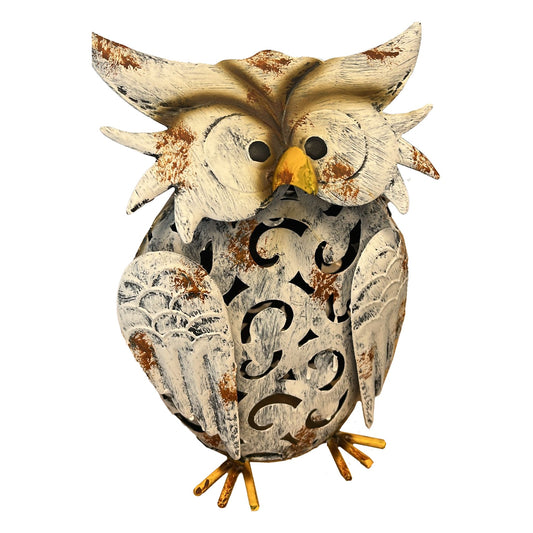 Decoratiune de Gradina cu Lampa solara, Flippy, Model Bufnita, Iluminare Led si Incarcare Solara, 20.5 x 10 x 25.5 cm, din Fier, Gri Alb - vivimall.ro