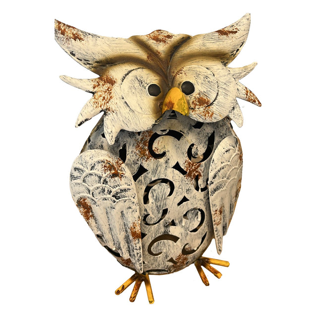 Decoratiune de Gradina cu Lampa solara, Flippy, Model Bufnita, Iluminare Led si Incarcare Solara, 20.5 x 10 x 25.5 cm, din Fier, Gri Alb - vivimall.ro