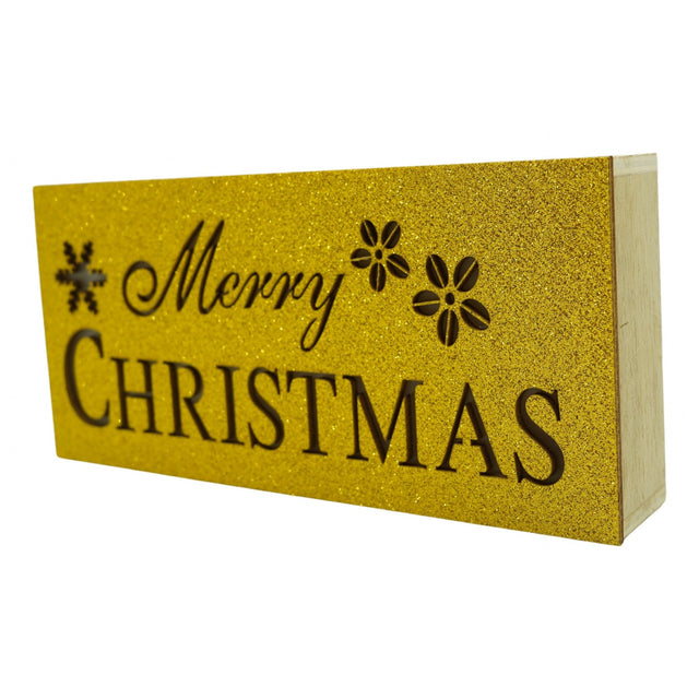 Decoratiune luminoasa, Flippy, Marry Christmas, galben, lungime: 19 cm, latime: 9 cm, inaltime: 4 cm, lemn, interior/exterior - vivimall.ro