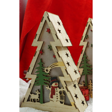 Decoratiune luminoasa, model de Brad cu Om de zapada, maro, lungime: 14 cm, latime: 5 cm, inaltime: 20 cm, lemn, interior/exterior - vivimall.ro