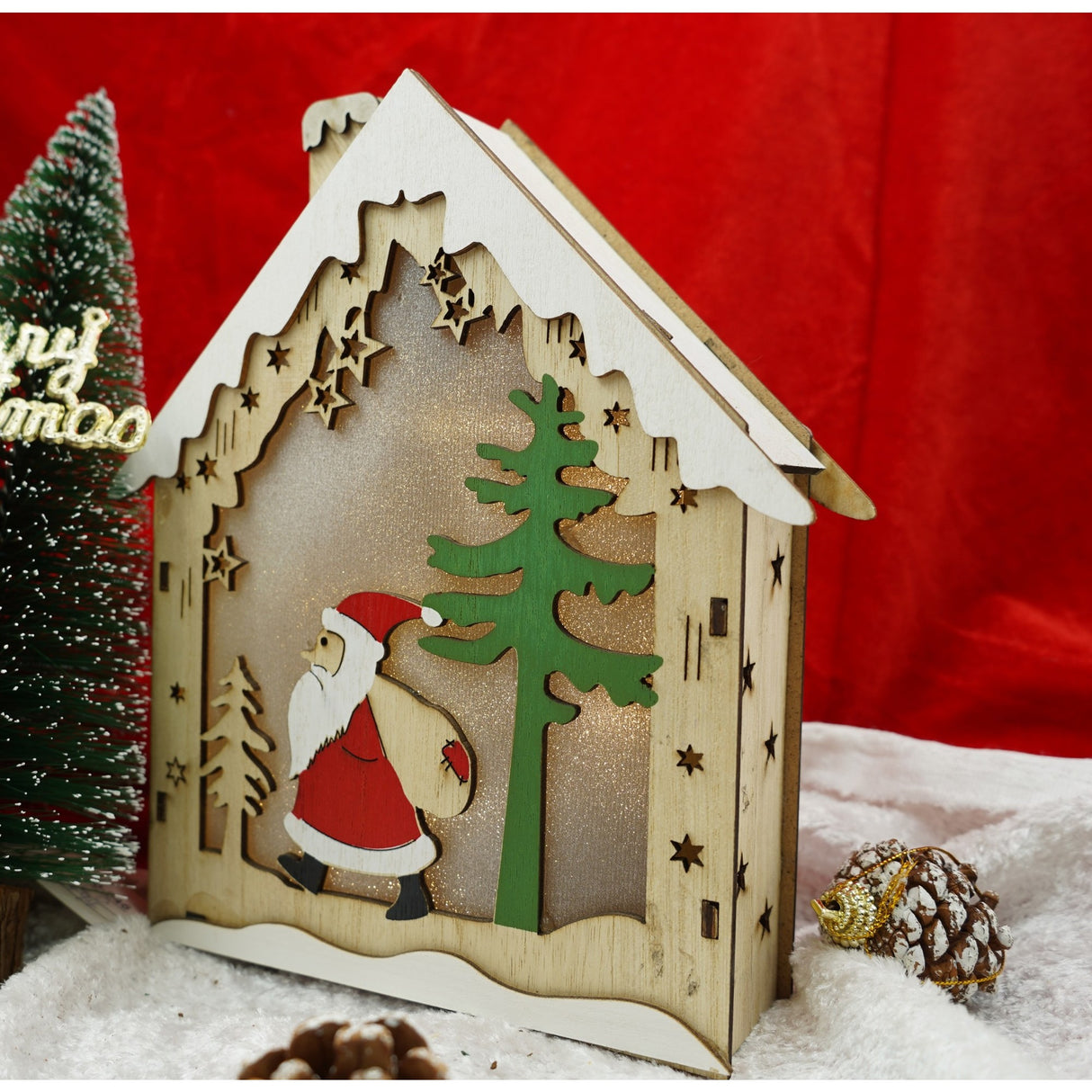 Decoratiune luminoasa, model de  Casa cu Mos Craciun, maro, lungime: 18 cm, latime: 21 cm, inaltime: 5 cm, lemn, interior/exterior - vivimall.ro